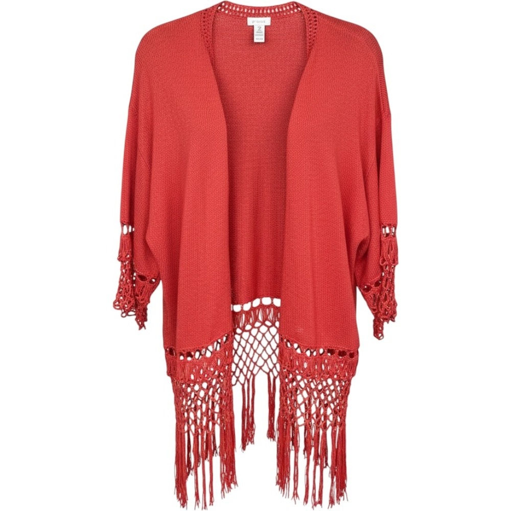 Chicos Red/Orange Open Front Cardigan Crochet Fringe Hem Size 2 Large